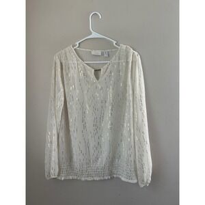 Chico's Sheer Metallic Gold Blouse Top Long Sleeve Ivory Size S Glam‎